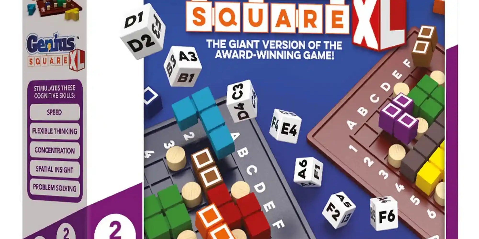A Genius Square XL társasjáték dobozképe Smart Games logóval, színes kirakóelemekkel és logikai kihívásokat bemutató grafikával.