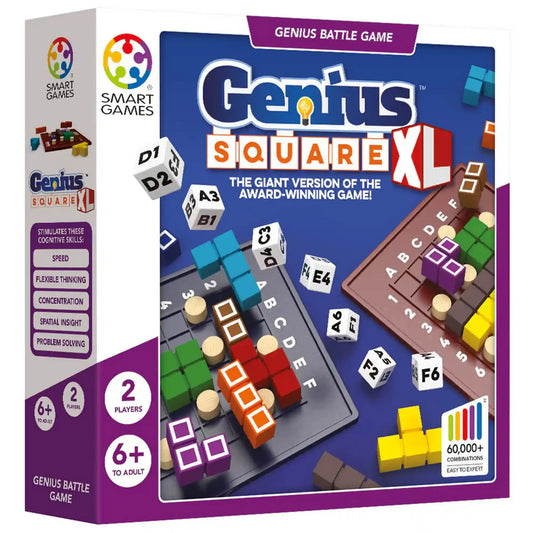 A Genius Square XL társasjáték dobozképe Smart Games logóval, színes kirakóelemekkel és logikai kihívásokat bemutató grafikával.