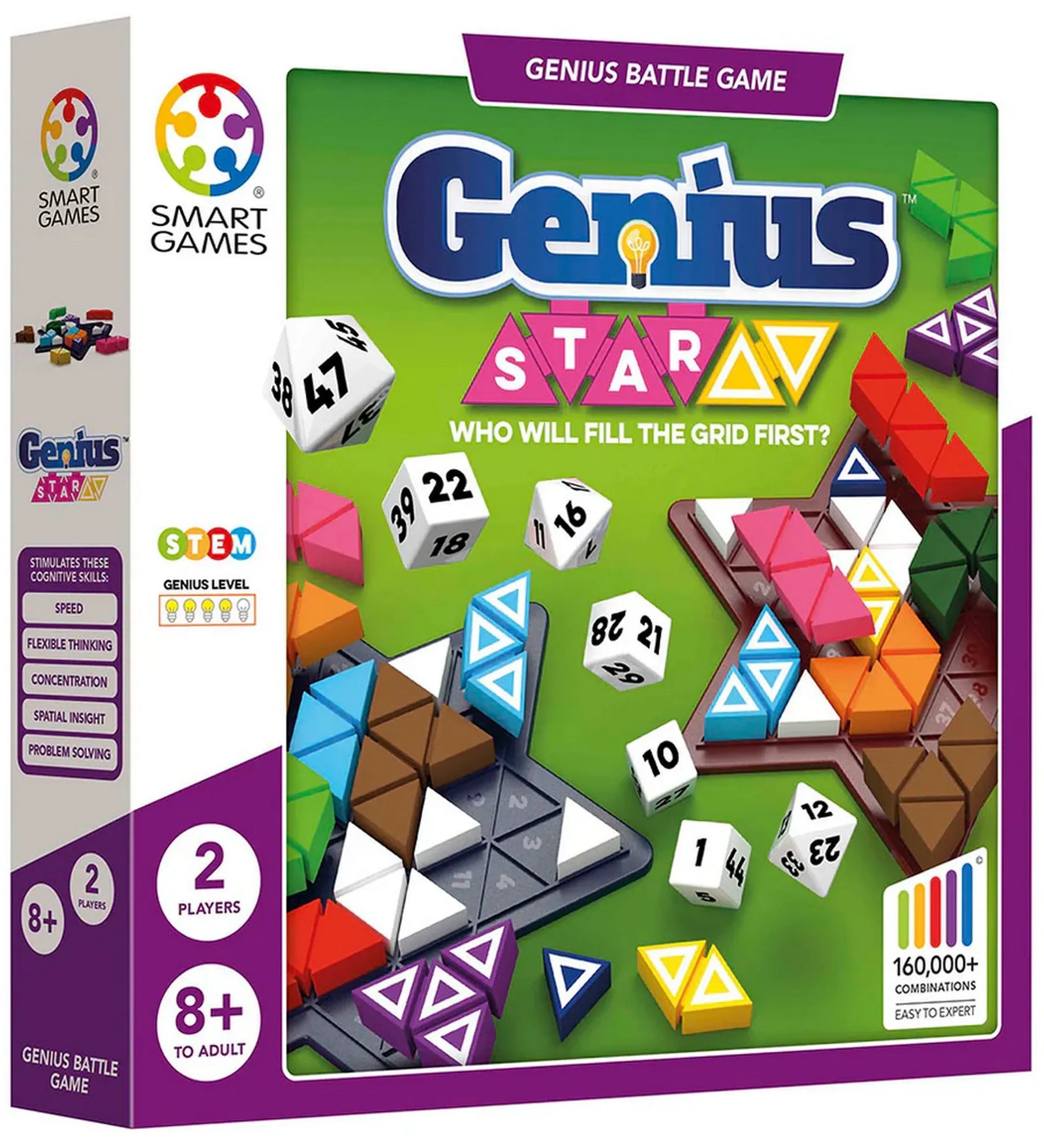 Genius Star társasjáték doboza, Smart Games logikai játék 2 fő részére, 8 éves kortól ajánlott, csillag alakú kirakóelemekkel.
