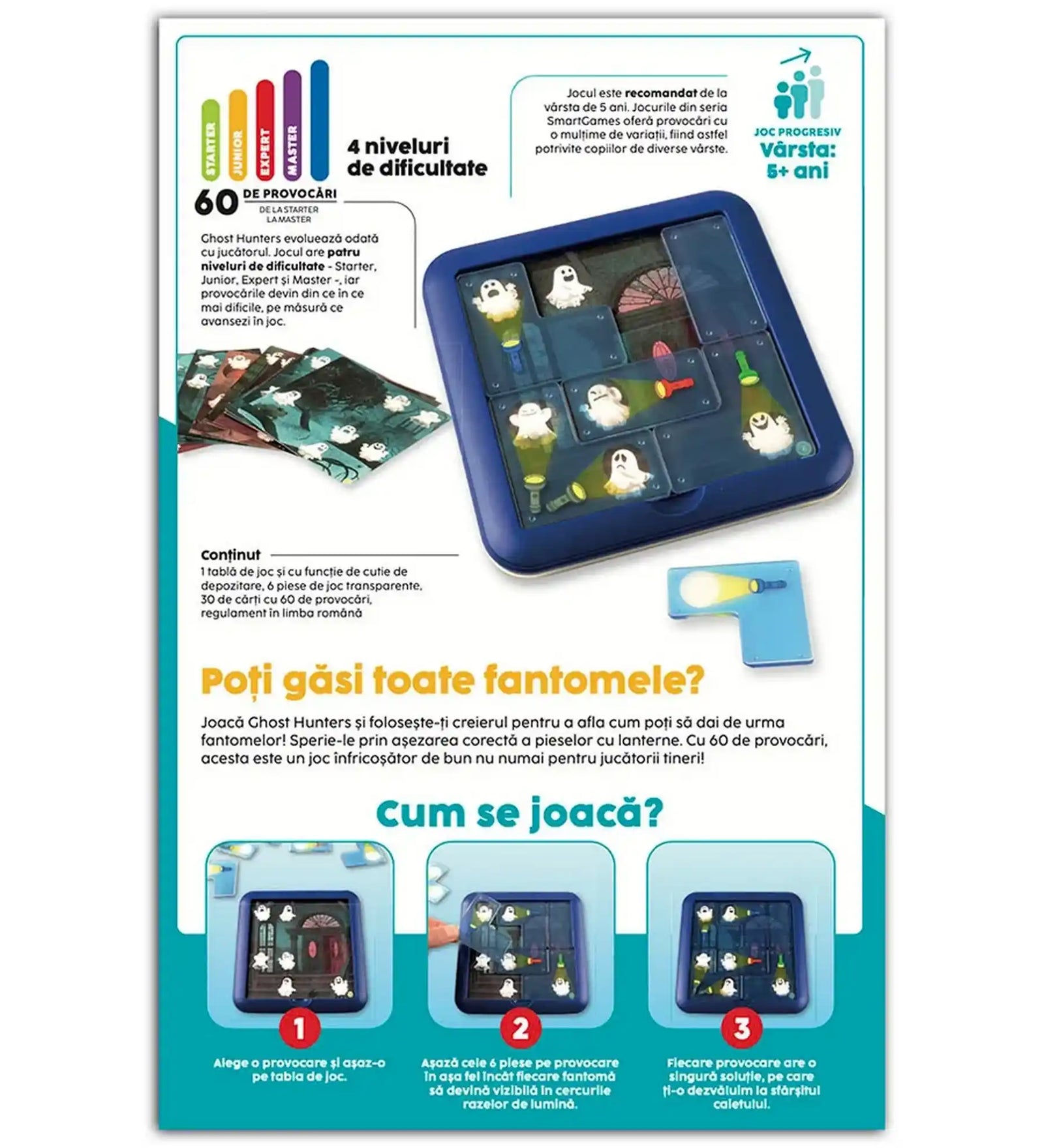 Ghost Hunters Smart Games játékszabályokat bemutató kép a játéktáblával, 60 feladvánnyal és a játék lépéseivel.