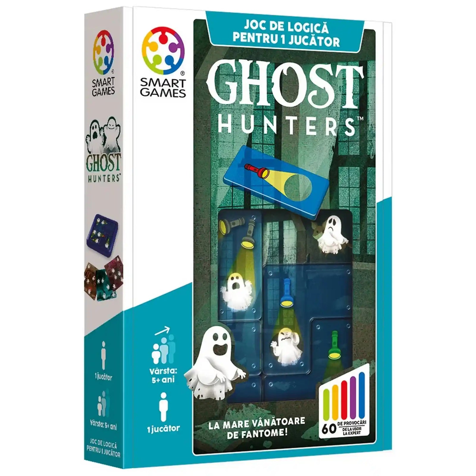 Ghost Hunters Smart Games logikai játék doboza szellemekkel, zseblámpákkal és 60 logikai kihívással.