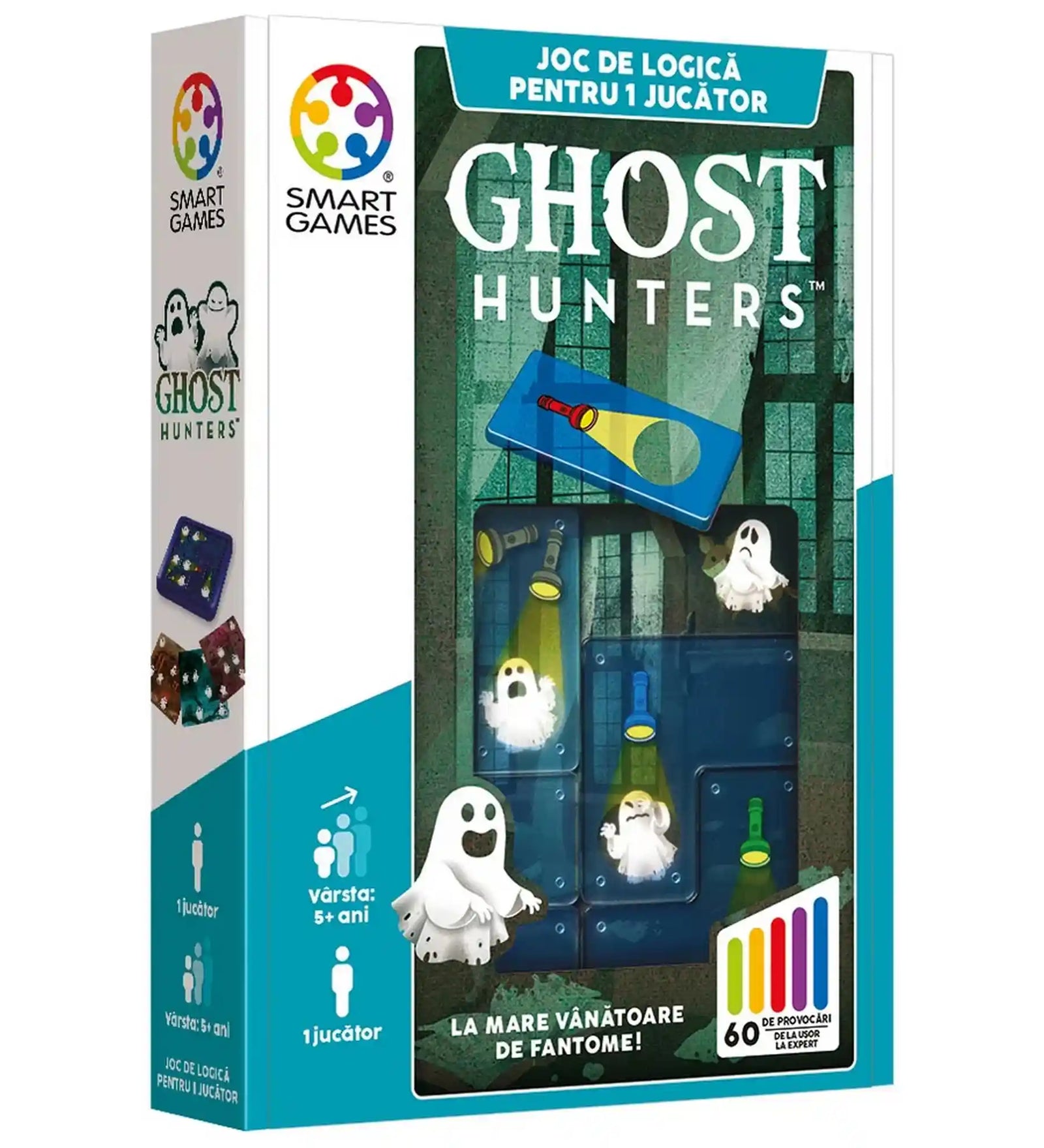 Ghost Hunters Smart Games logikai játék doboza szellemekkel, zseblámpákkal és 60 logikai kihívással.