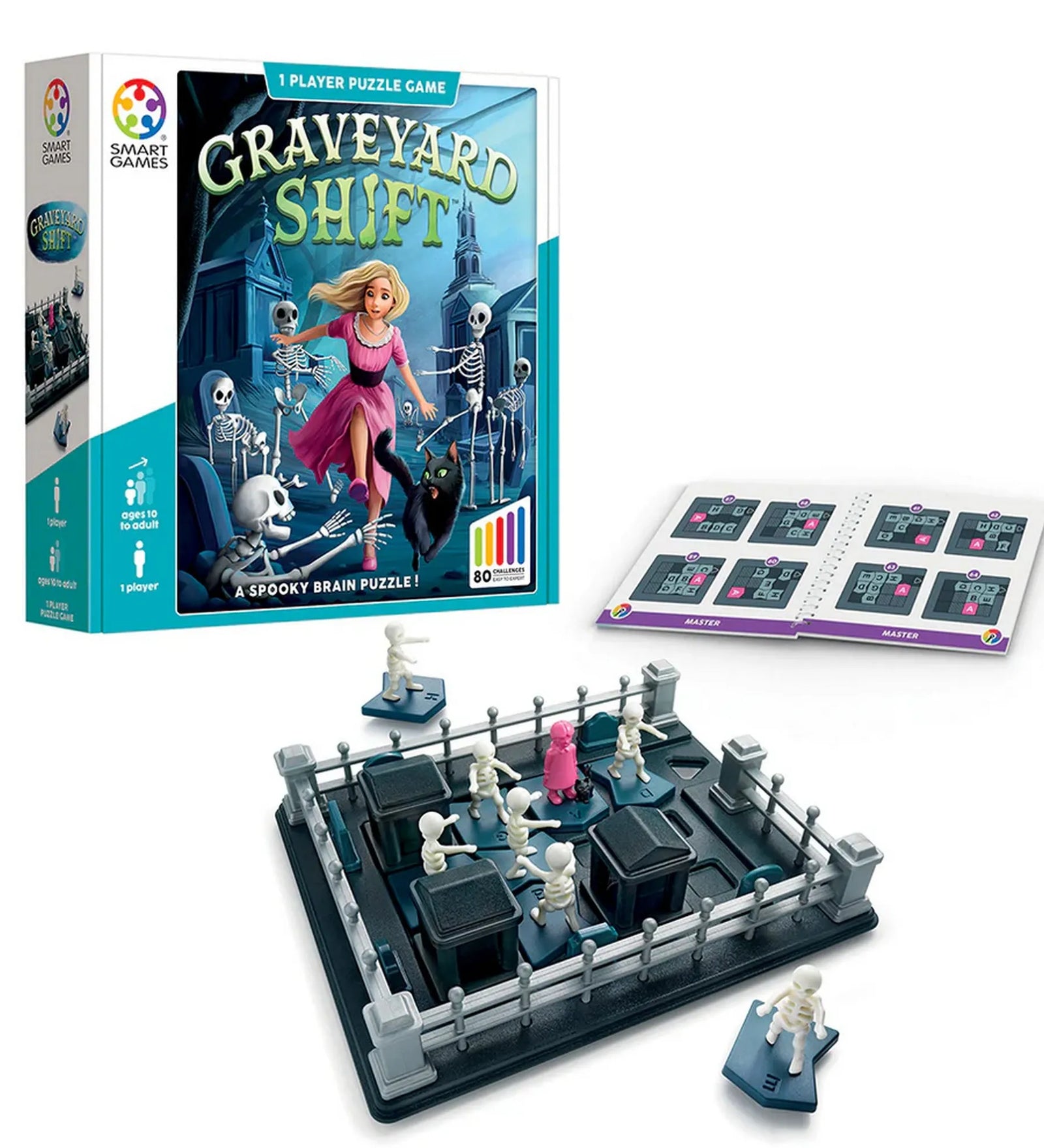 A Smart Games Graveyard Shift teljes készlete: doboz, játéktábla csontvázfigurákkal és akadályokkal, valamint feladványfüzet.