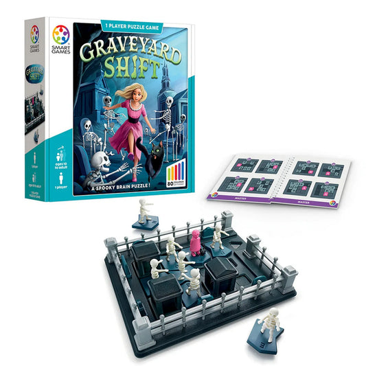 A Smart Games Graveyard Shift teljes készlete: doboz, játéktábla csontvázfigurákkal és akadályokkal, valamint feladványfüzet.