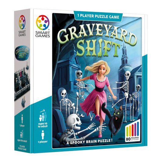 A Smart Games Graveyard Shift játék doboza, amelyen a főhős lány és a csontvázak jelenete látható, 80 kihívással.