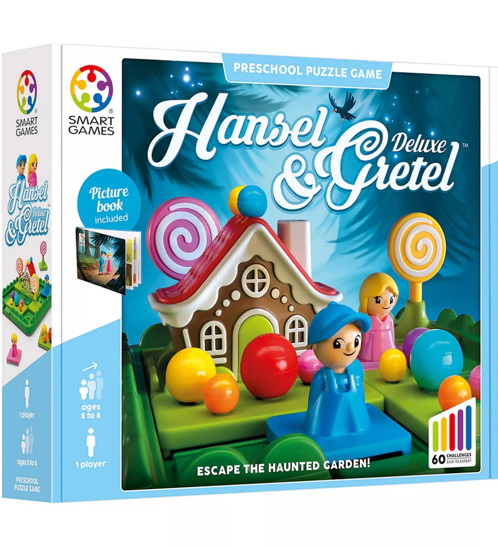 „A Smart Games Hansel & Gretel Deluxe játék doboza, színes cukorkafigurákkal és mézeskalácsházzal.”