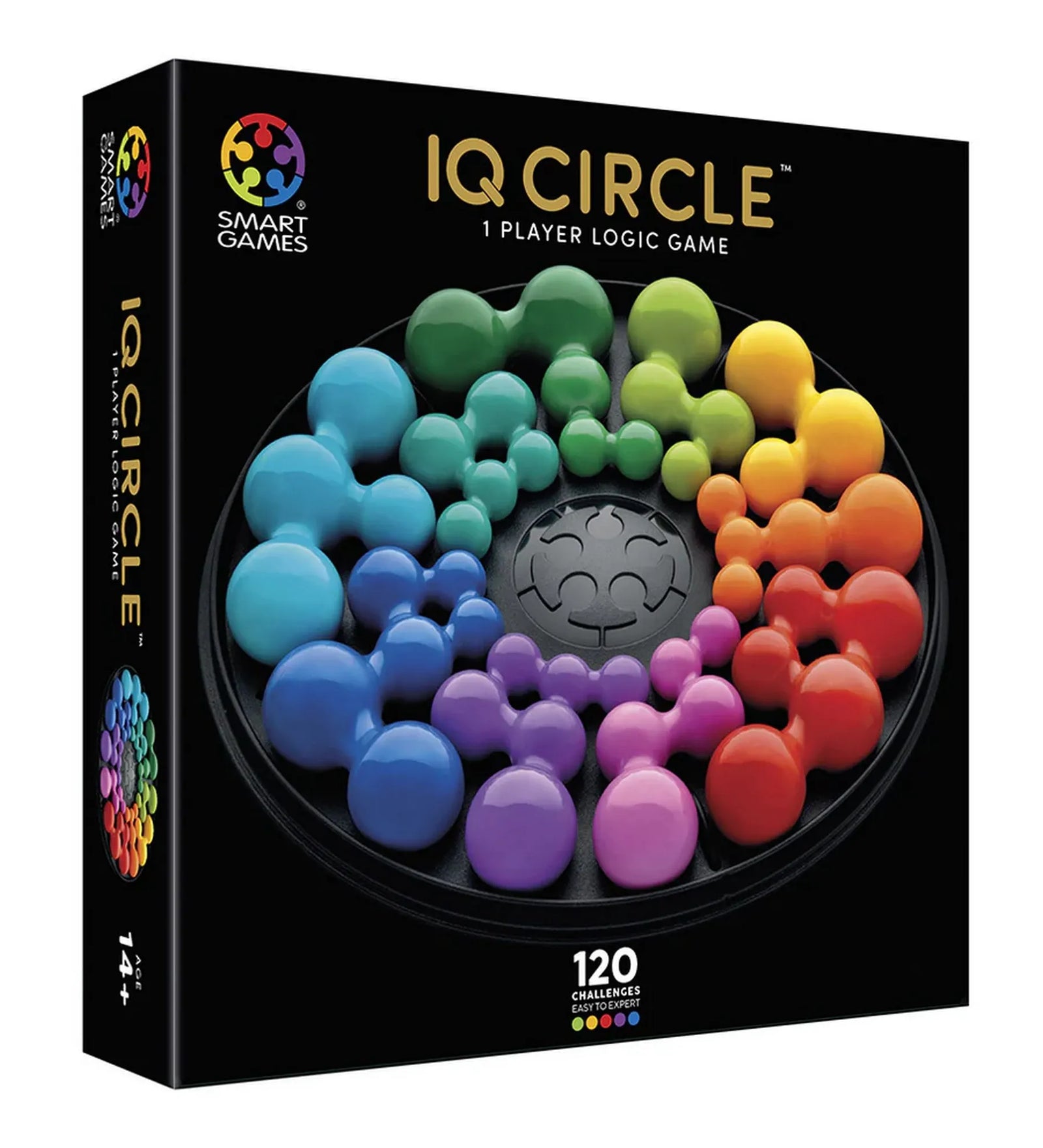 IQ Circle logikai játék doboza, színes elemekkel kirakott kör alakú játéktáblával a csomagoláson.