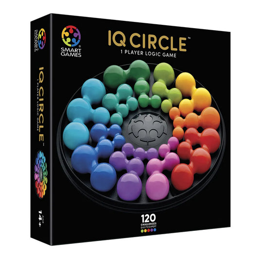 IQ Circle logikai játék doboza, színes elemekkel kirakott kör alakú játéktáblával a csomagoláson.