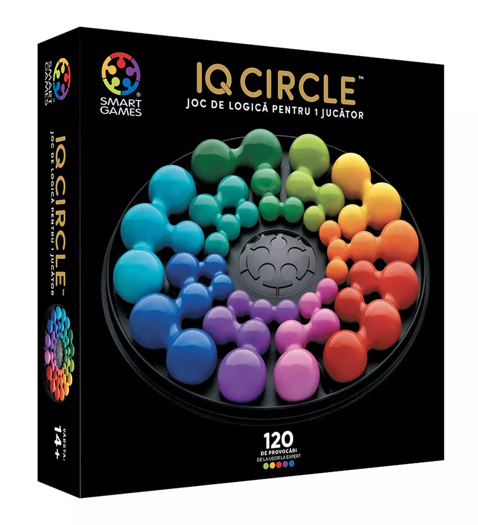 A Smart Games IQ Deluxe Circle logikai játék doboza, amelyen a színes, gömbszerű kirakódarabok spirálisan helyezkednek el a fekete, kör alakú játéktáblán. A csomagoláson 120 kihívás szerepel, a játék egyéni játékosok számára készült, modern fekete dizájnnal.