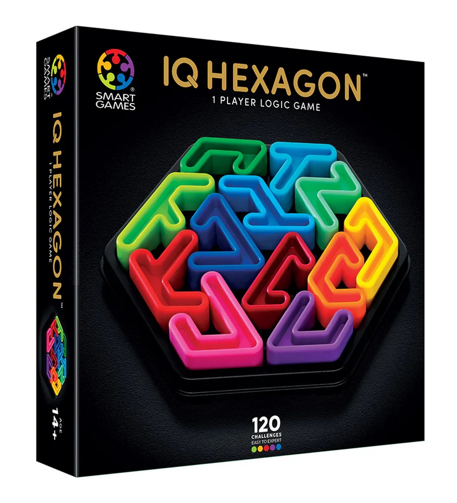 IQ Hexagon logikai játék doboza, színes elemekkel kirakott hatszög alakú játéktáblával a borítón.