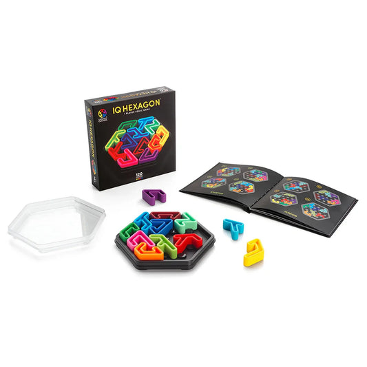 IQ Hexagon logikai játék teljes tartalma, doboz, hatszög alakú tábla, színes elemek és feladatfüzet.