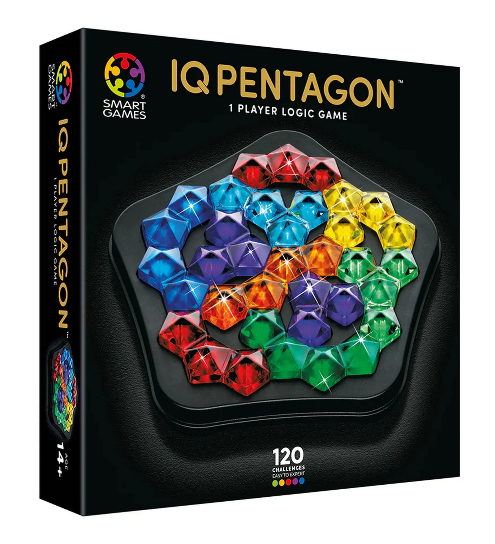 IQ Pentagon logikai játék doboza, színes, áttetsző pentagon alakú elemekkel a csomagolás elején.