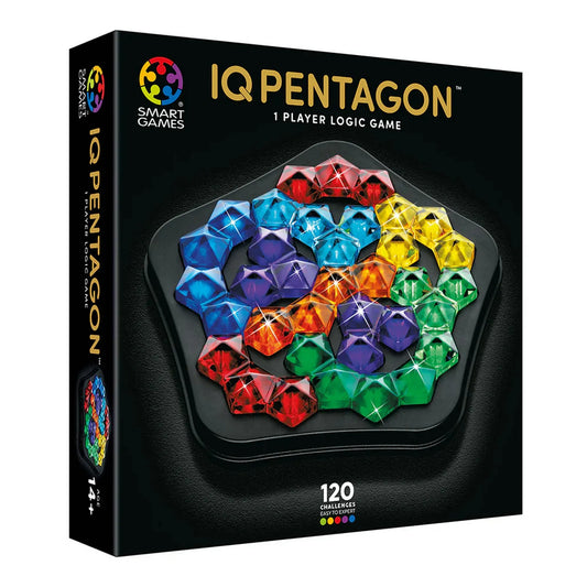IQ Pentagon logikai játék doboza, színes, áttetsző pentagon alakú elemekkel a csomagolás elején.