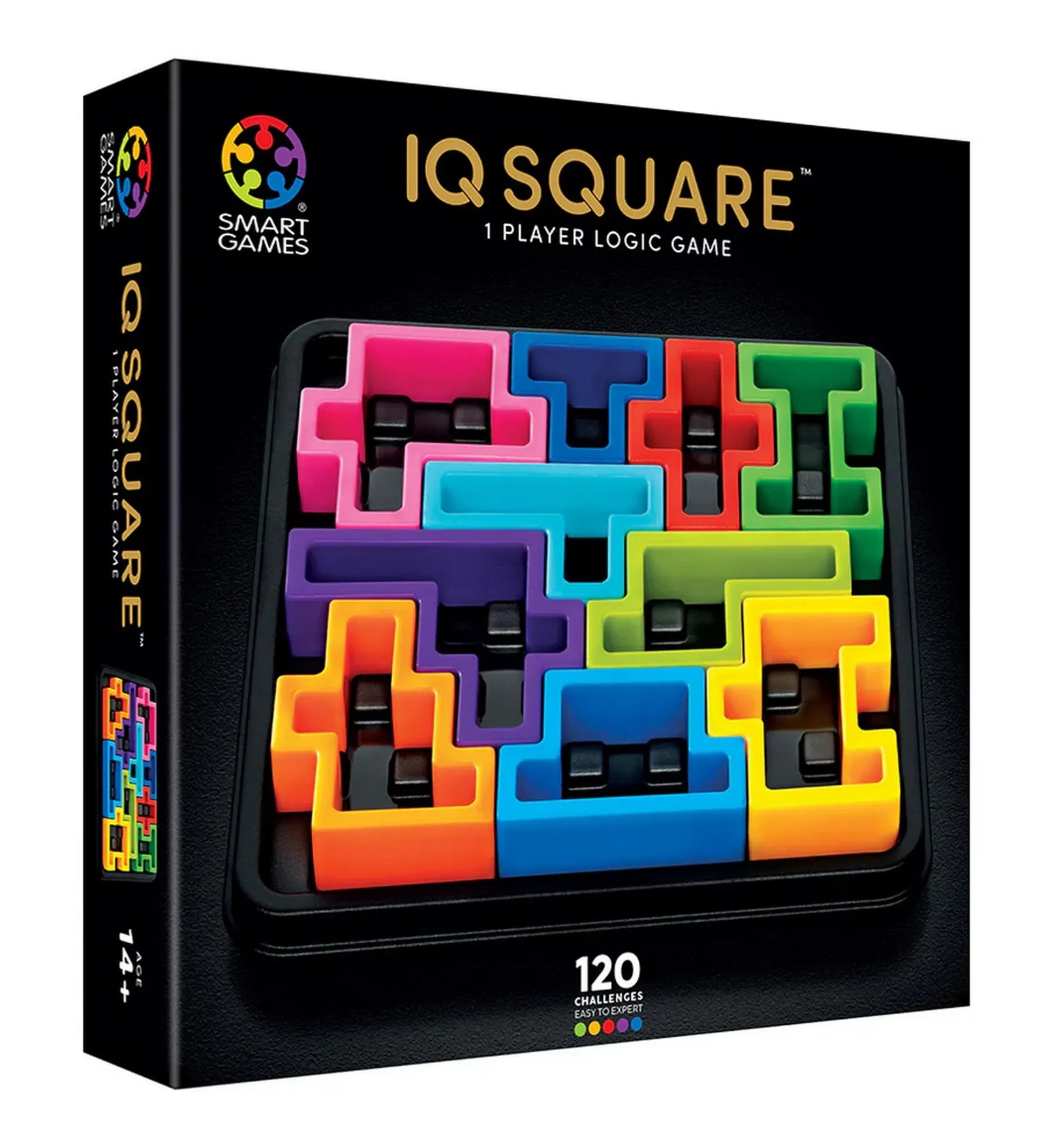 IQ Square logikai játék dobozképe, színes kirakóelemekkel és 120 kihívást jelző felirattal.