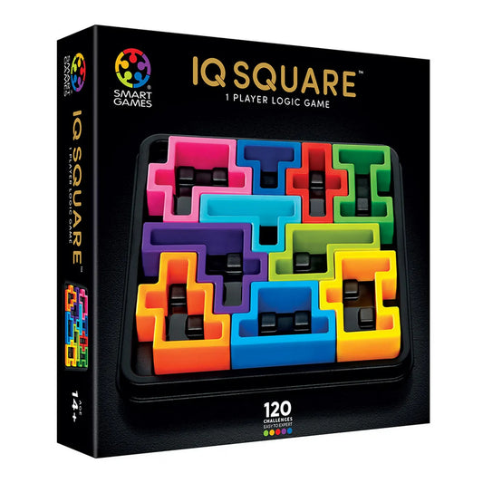IQ Square logikai játék dobozképe, színes kirakóelemekkel és 120 kihívást jelző felirattal.