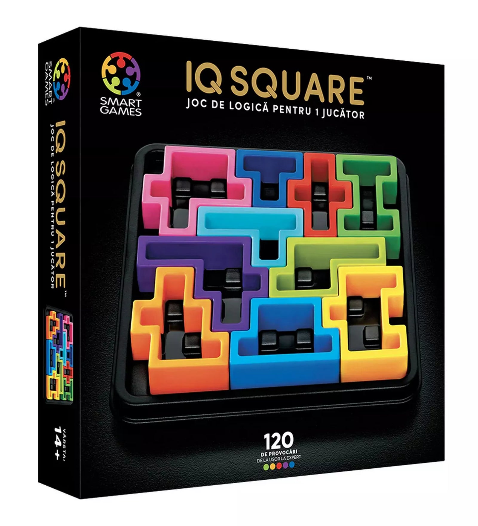 A Smart Games IQ Deluxe Square logikai játék doboza, amelyen a színes, Tetris-szerű puzzle-darabok négyzet alakú játéktáblán láthatók. A fekete alapon élénk színekben megjelenő elemek vizuálisan kiemelik a játék célját: a tökéletes négyzet kirakását 120 kihívás során.