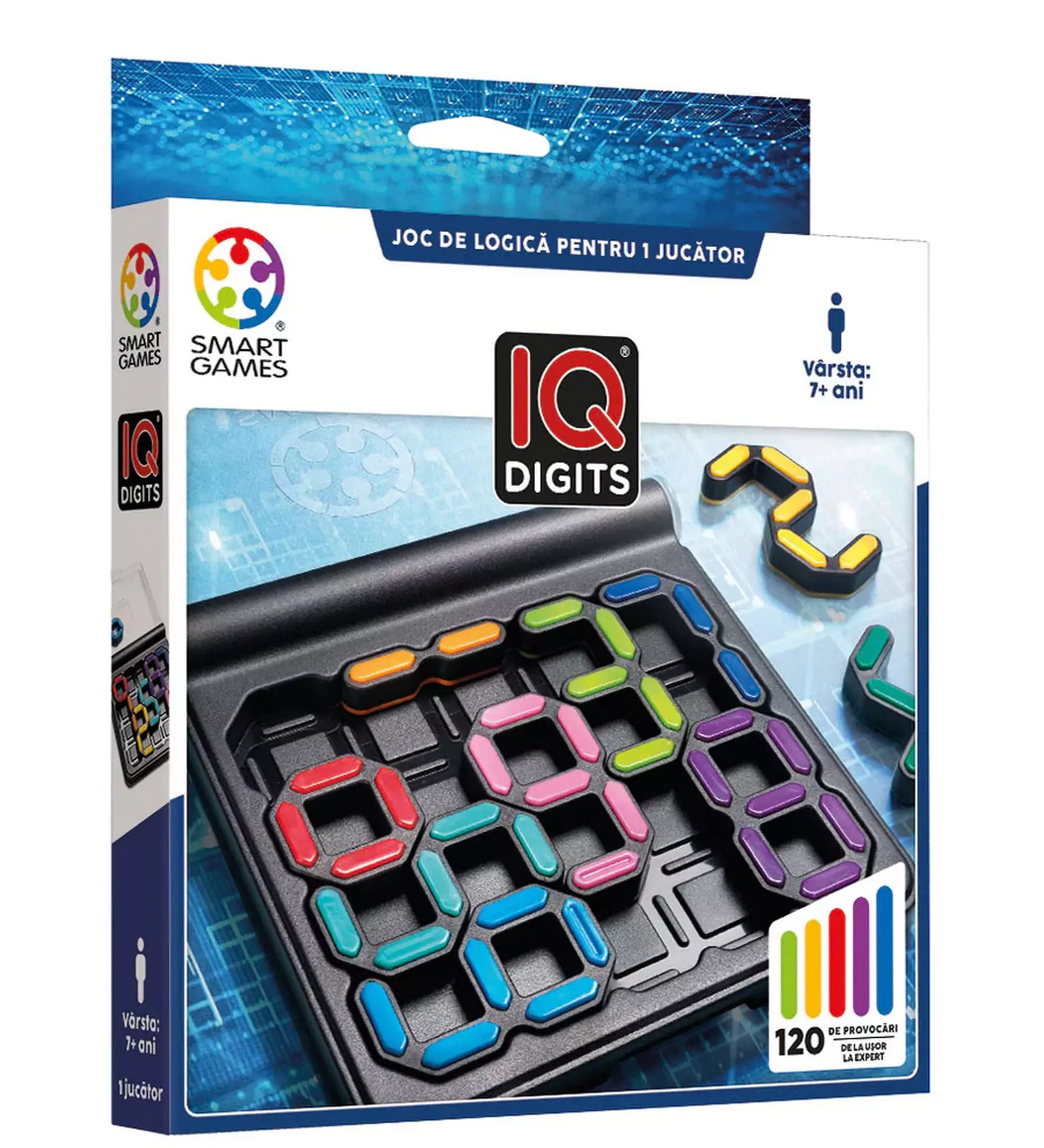 Smart Games IQ Digits logikai játék doboza, színes számpuzzle-darabokkal és 120 kihívást jelző grafikával.