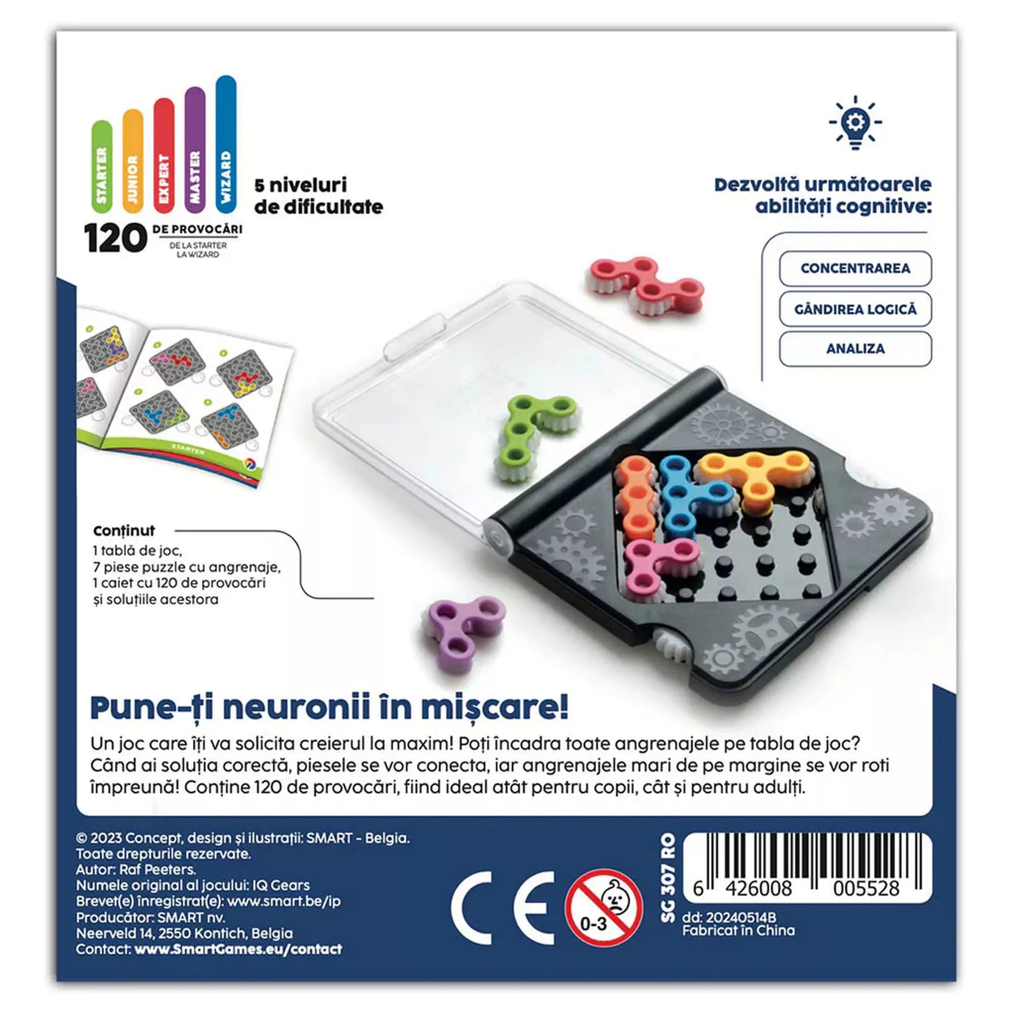 Smart Games IQ Gears játék dobozának hátoldala, játékleírással, feladványfüzettel és fogaskerék darabokkal.