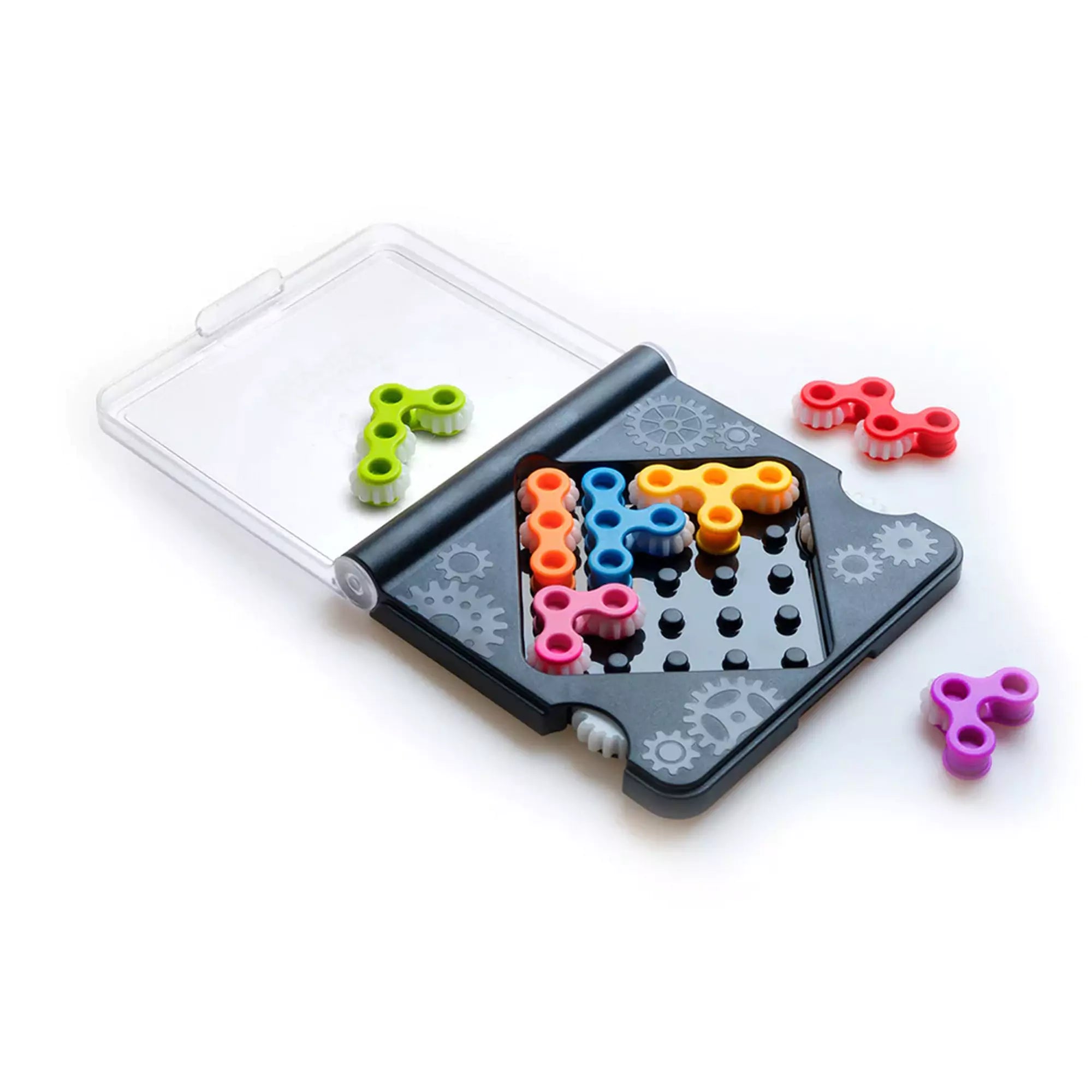 Smart Games IQ Gears játék nyitott állapotban, színes fogaskerék alakú puzzle-elemekkel elhelyezve a játéktáblán.