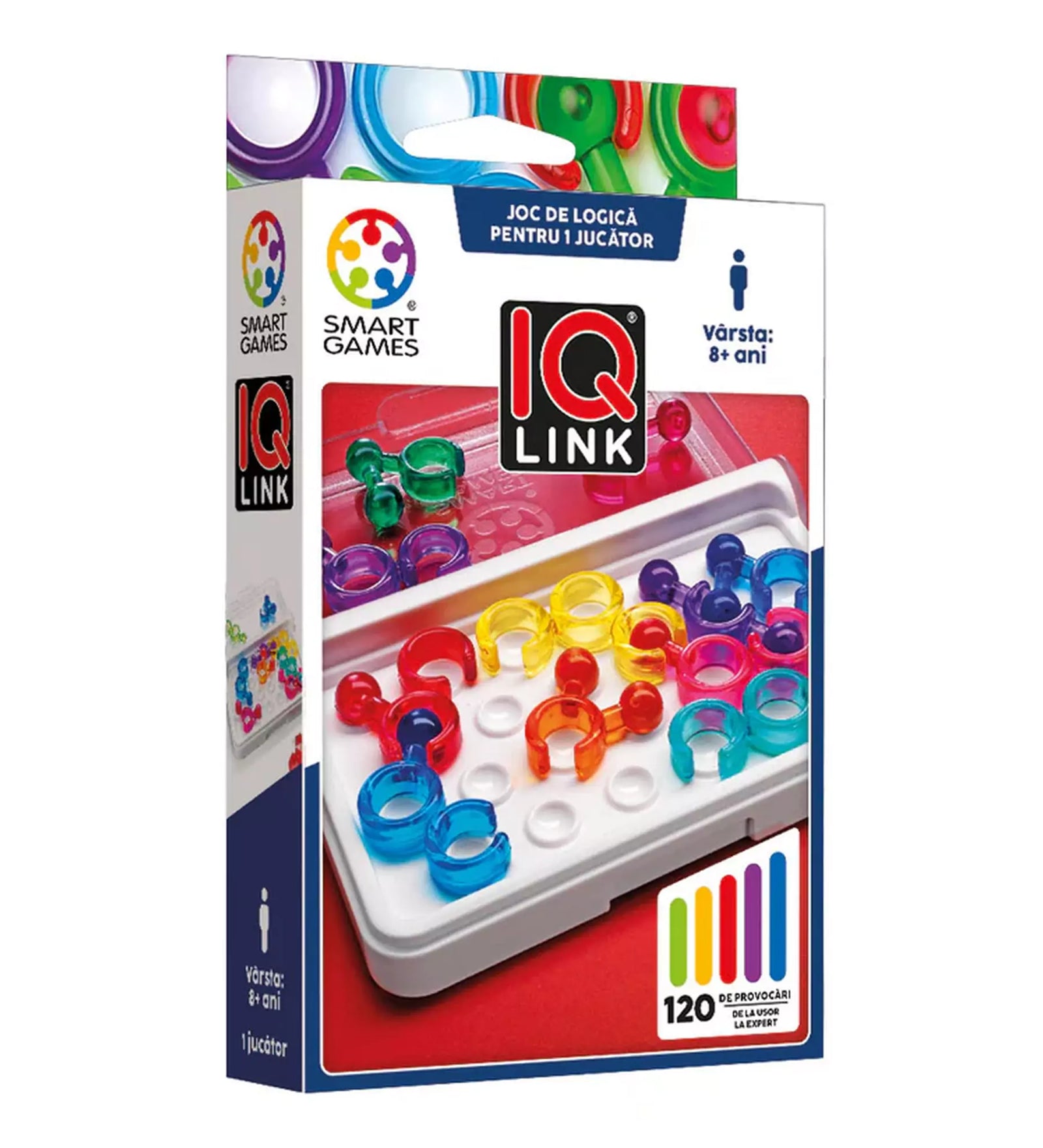 „Smart Games: IQ Link – A logikai játék doboza 8 éves kortól, 120 kihívással, színes puzzle-darabokkal és kompakt tárolóval.”
