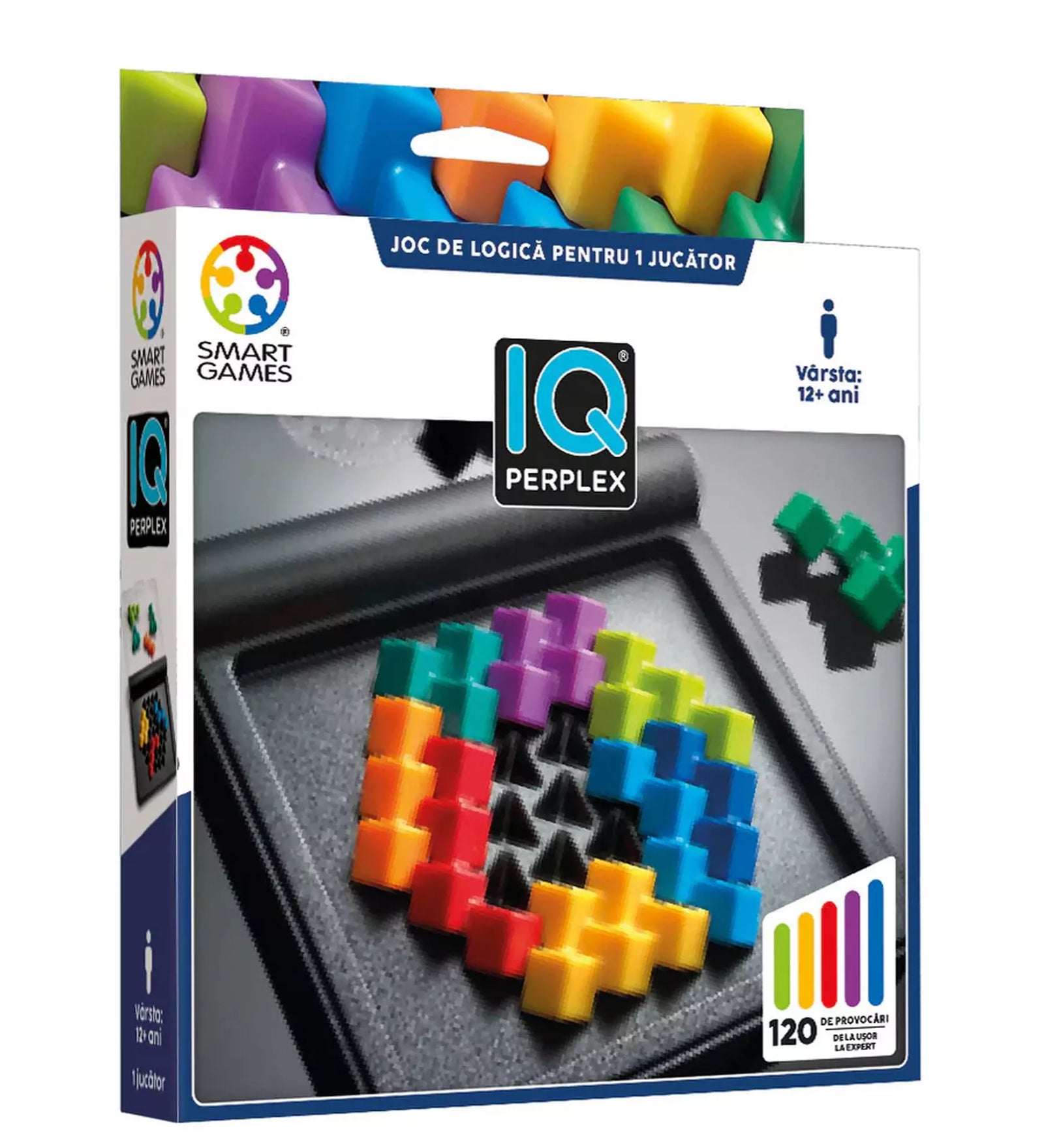 Smart Games IQ Perplex logikai játék doboza, színes puzzle-darabokkal kitöltött rácsszerkezettel és 120 kihívást jelző grafikával.