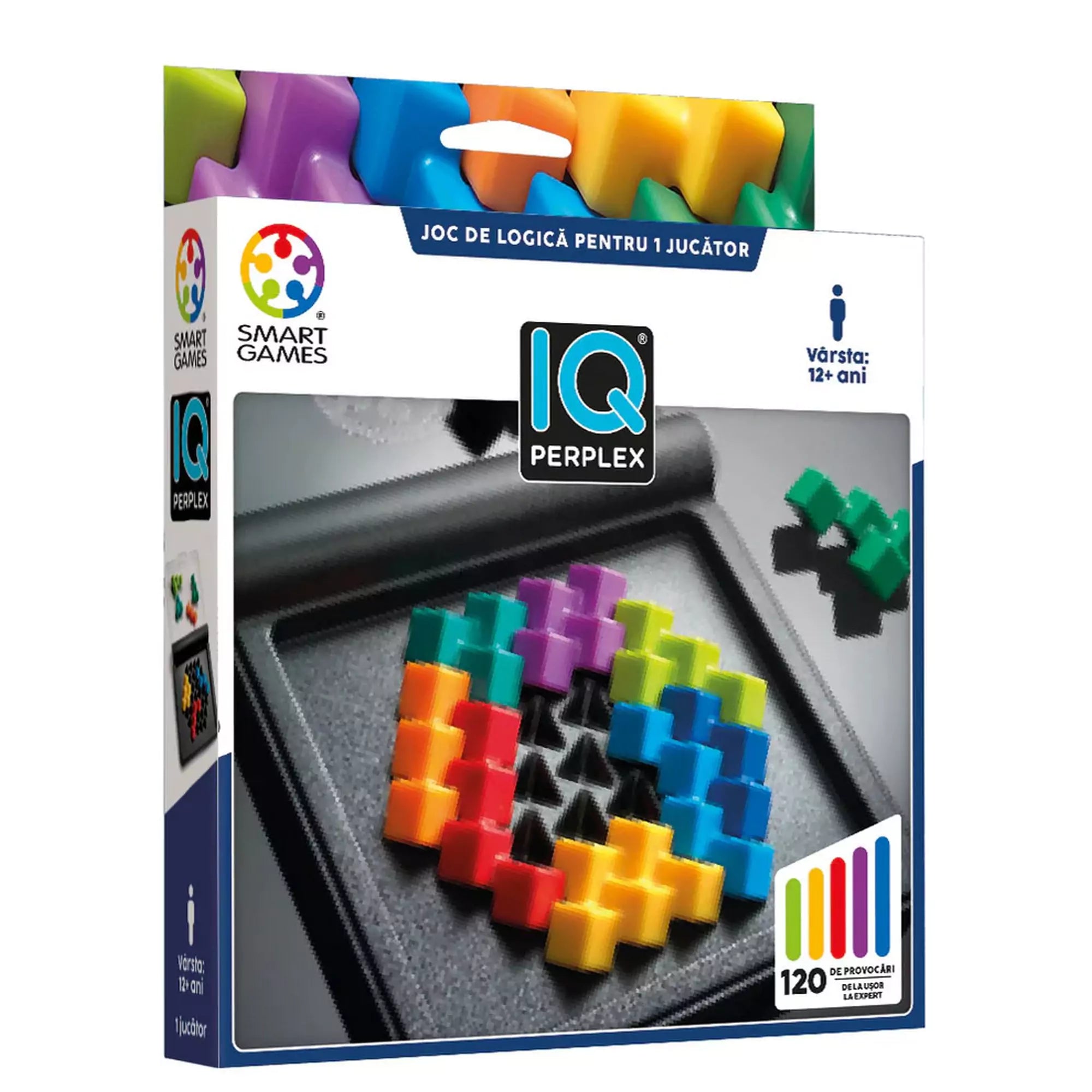 Smart Games IQ Perplex logikai játék doboza, színes puzzle-darabokkal kitöltött rácsszerkezettel és 120 kihívást jelző grafikával.