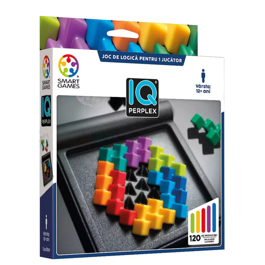 Smart Games IQ Perplex logikai játék doboza, színes puzzle-darabokkal kitöltött rácsszerkezettel és 120 kihívást jelző grafikával.