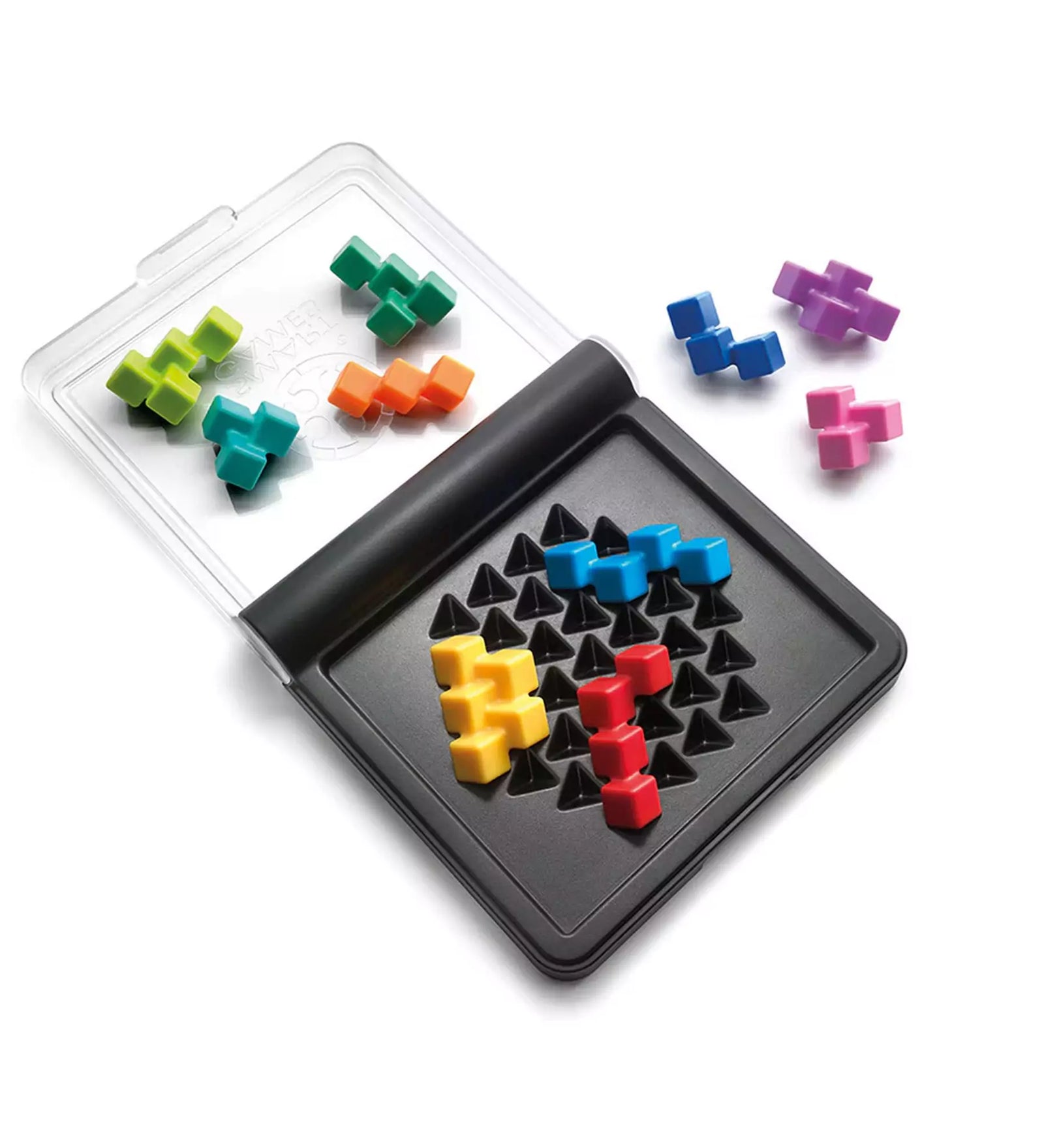 Smart Games IQ Perplex játék nyitott állapotban, elhelyezett és szétszórt színes puzzle-elemekkel a háromszögmintás táblán.