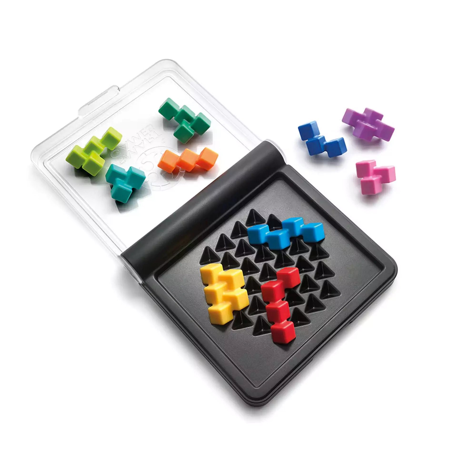Smart Games IQ Perplex játék nyitott állapotban, elhelyezett és szétszórt színes puzzle-elemekkel a háromszögmintás táblán.
