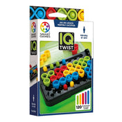Az IQ Twist román nyelvű SmartGames logikai játék dobozának eleje, rajta a fekete játéktábla, a színes csavart puzzle-elemek és tüskék