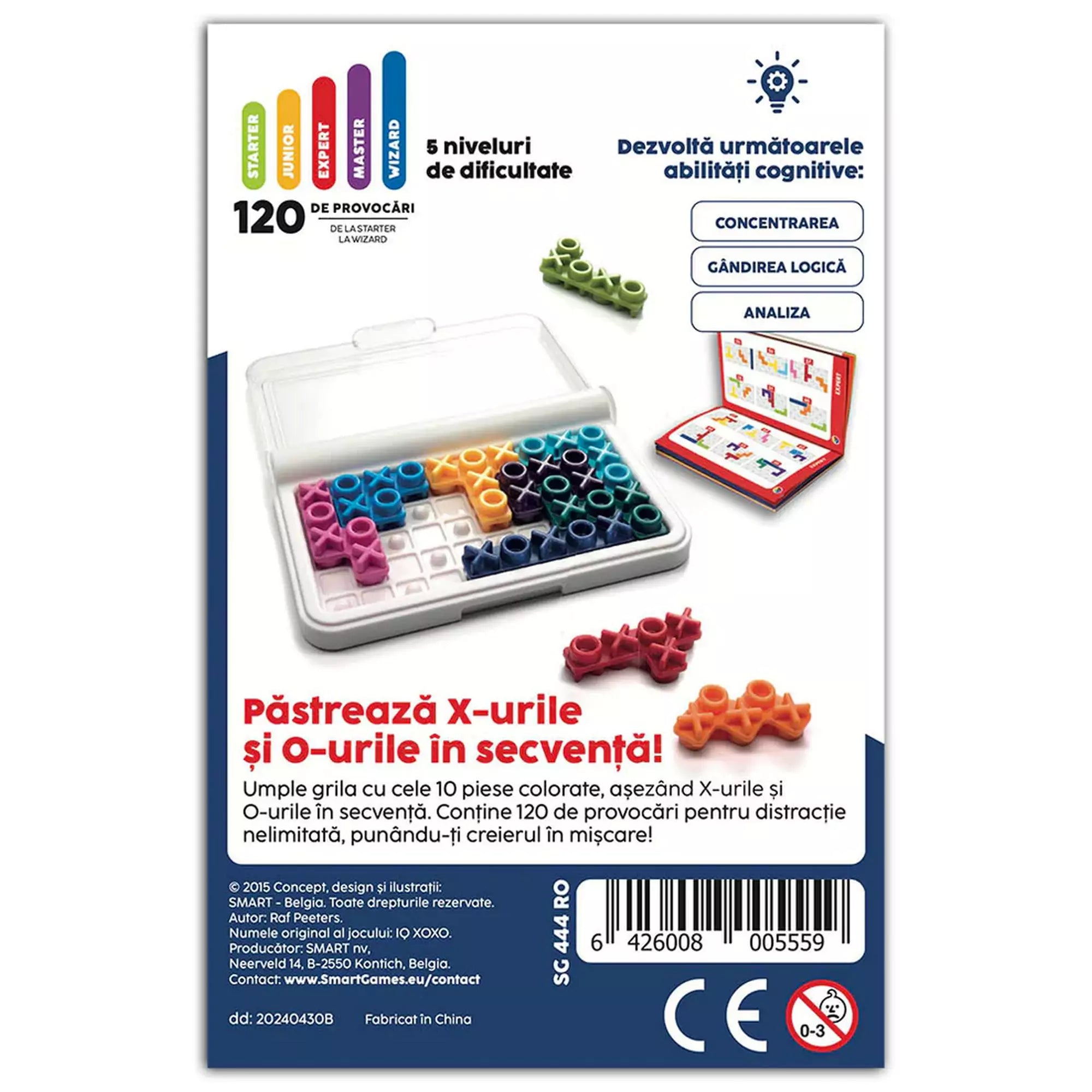 Smart Games IQ XOXO játék dobozának hátoldala, játéktáblával, színes puzzle-elemekkel és kihívásfüzettel.