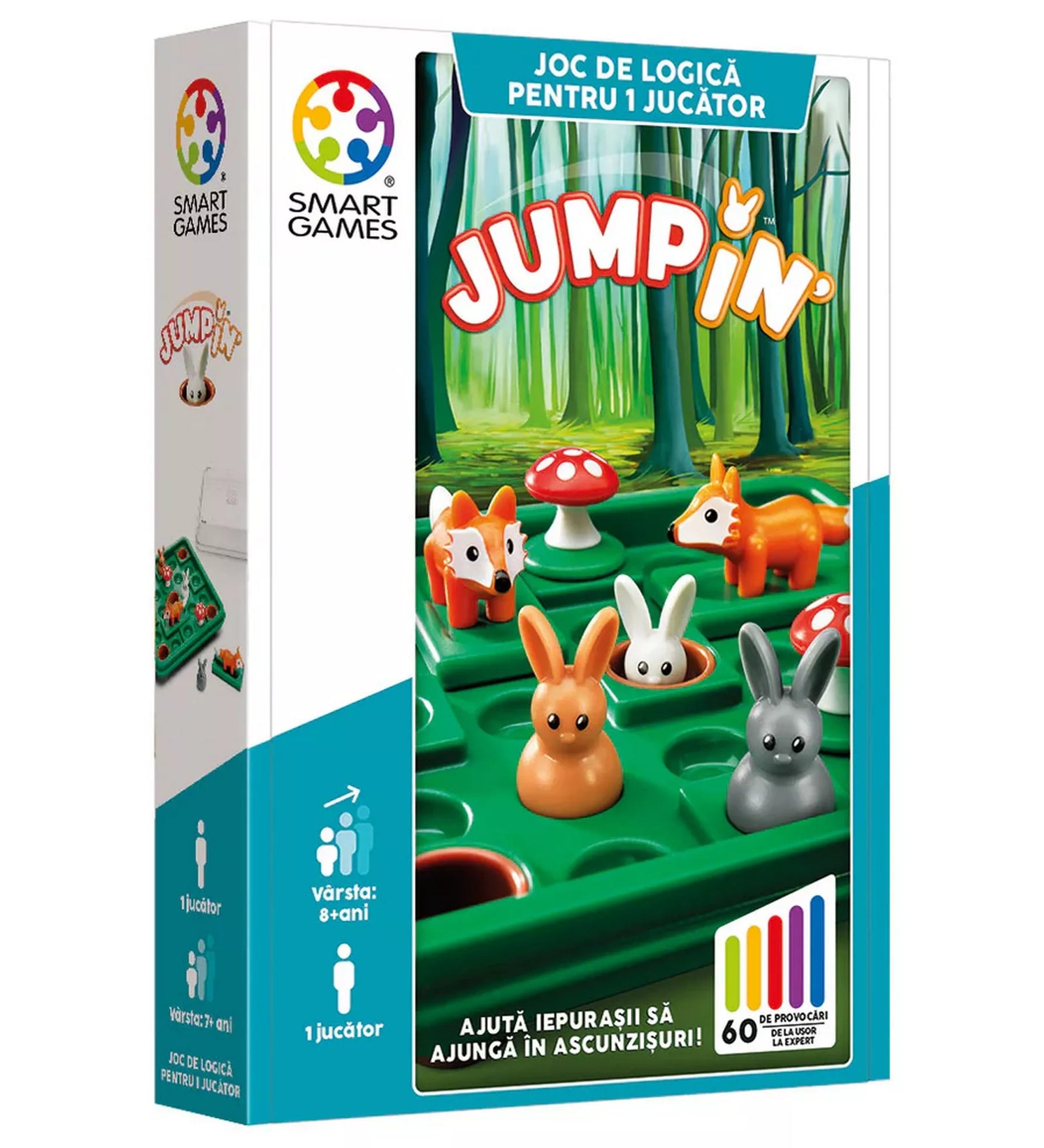 A Jump’In logikai játék doboza, nyuszikkal, rókákkal és gombákkal a zöld erdei játéktáblán.”