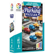 Parking Puzzler logikai játék doboza, színes autós puzzle-elemekkel és 60 kihívást jelző ikonnal
