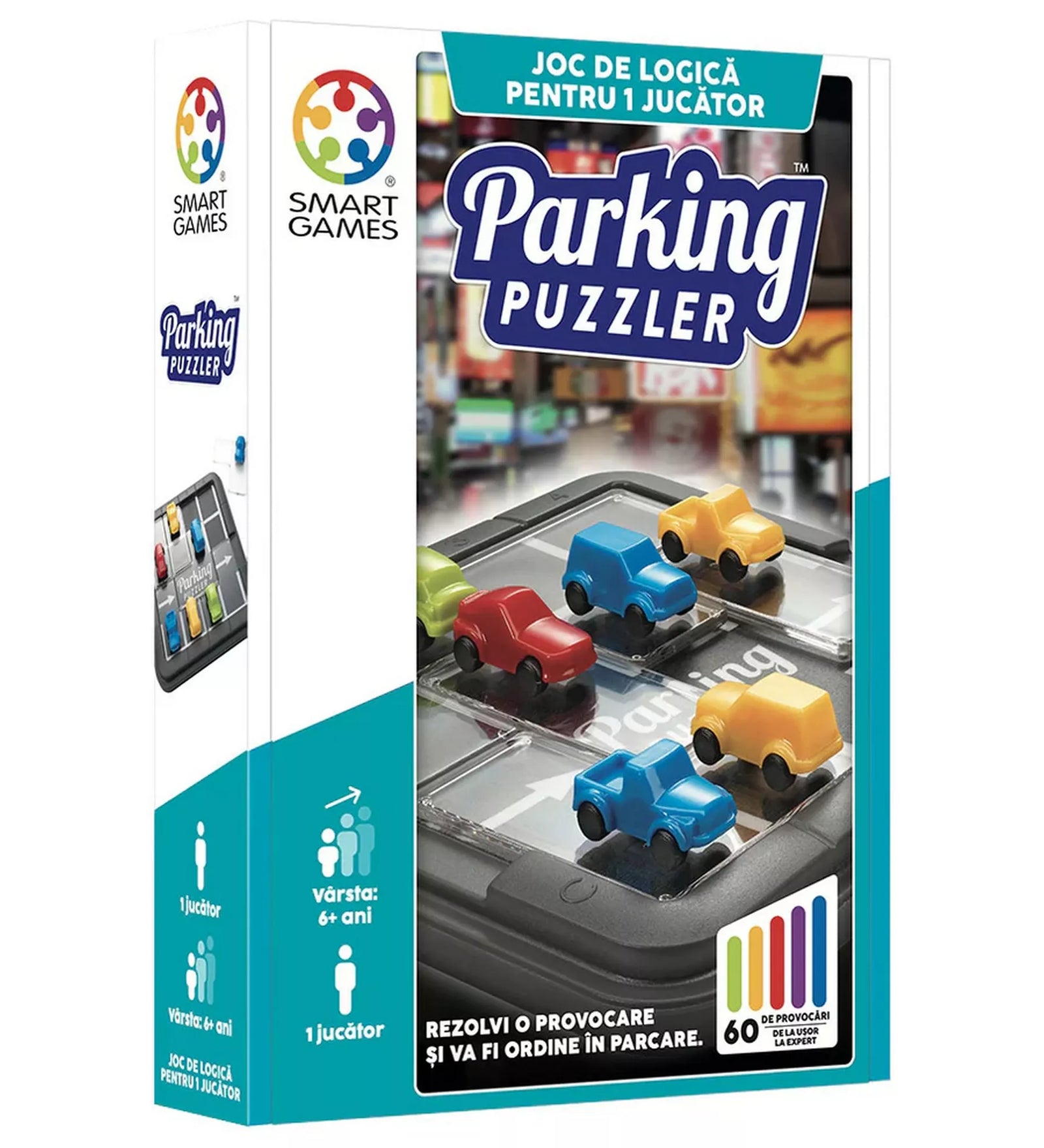 Parking Puzzler logikai játék doboza, színes autós puzzle-elemekkel és 60 kihívást jelző ikonnal