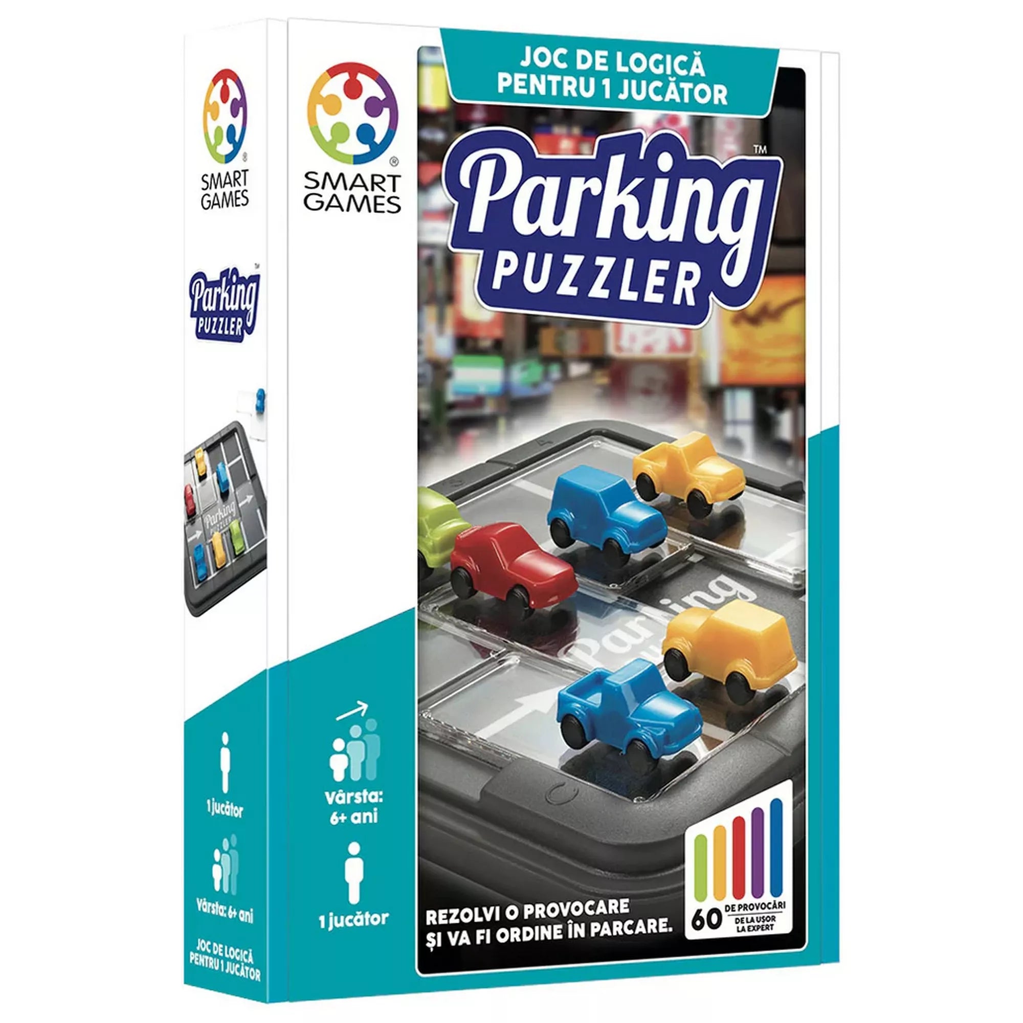 Parking Puzzler logikai játék doboza, színes autós puzzle-elemekkel és 60 kihívást jelző ikonnal