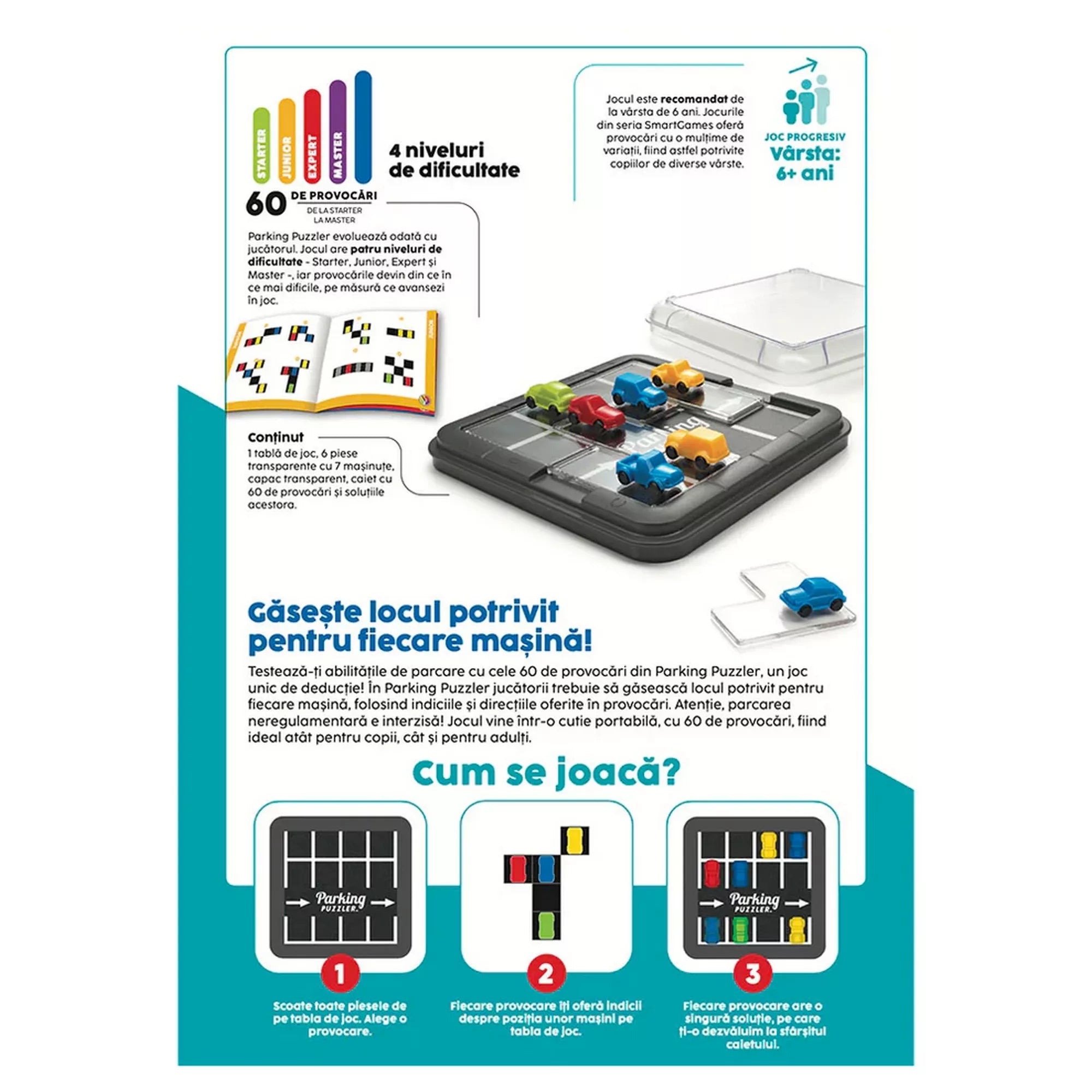 Parking Puzzler hátoldala, a játék szabályának leírásával, a nehézségi szintek bemutatásával és a játéktábla példafeladványával.”