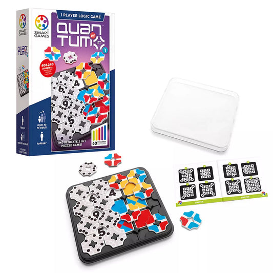 A Smart Games Quantum 2 in 1 játék teljes tartalma: doboz, játéktábla, színes elemek és feladványfüzet.
