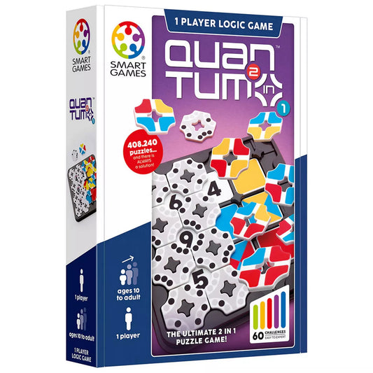 A Smart Games Quantum 2 in 1 logikai játék doboza, a színes mintás és számos kirakóelemekkel.