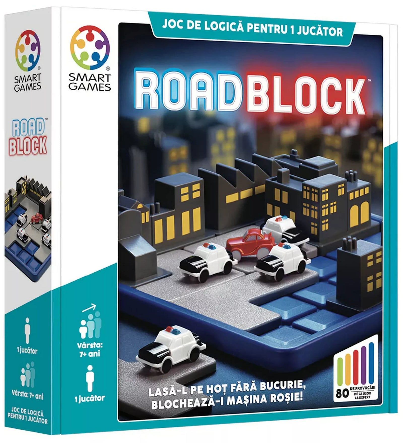 Smart Games RoadBlock logikai játék doboza, városi pályával, rendőrautókkal és piros menekülő autóval, 80 kihívással, 7 éves kortól
