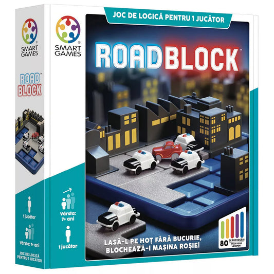 Smart Games RoadBlock logikai játék doboza, városi pályával, rendőrautókkal és piros menekülő autóval, 80 kihívással, 7 éves kortól