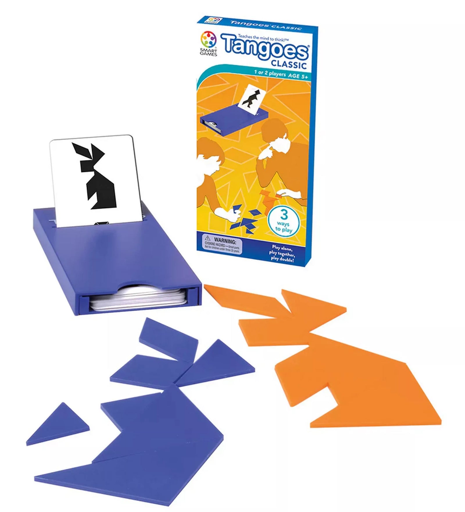 „A Tangoes Classic készlet tartalma: kék és narancssárga tangram elemek, kártyatartó tok és kihíváskártyák a különböző formák kirakásához.”