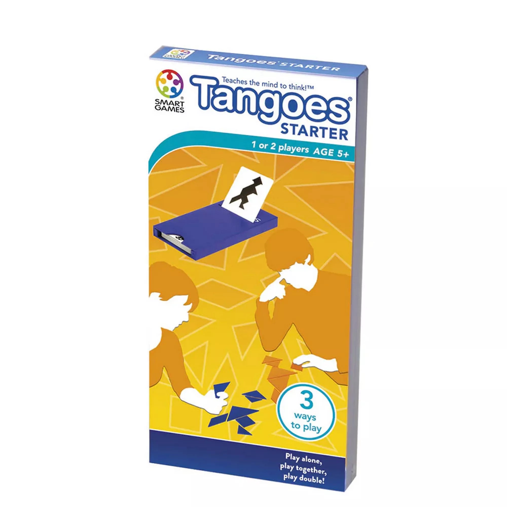 „A Tangoes Starter logikai játék doboza, amely tangram kirakókat és kihíváskártyákat tartalmaz 1–2 játékos számára.”