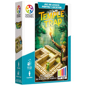 A Smart Games Temple Trap logikai játék színes doboza, egy fáklyát tartó kalandorral és mozgó labirintussal illusztrálva.