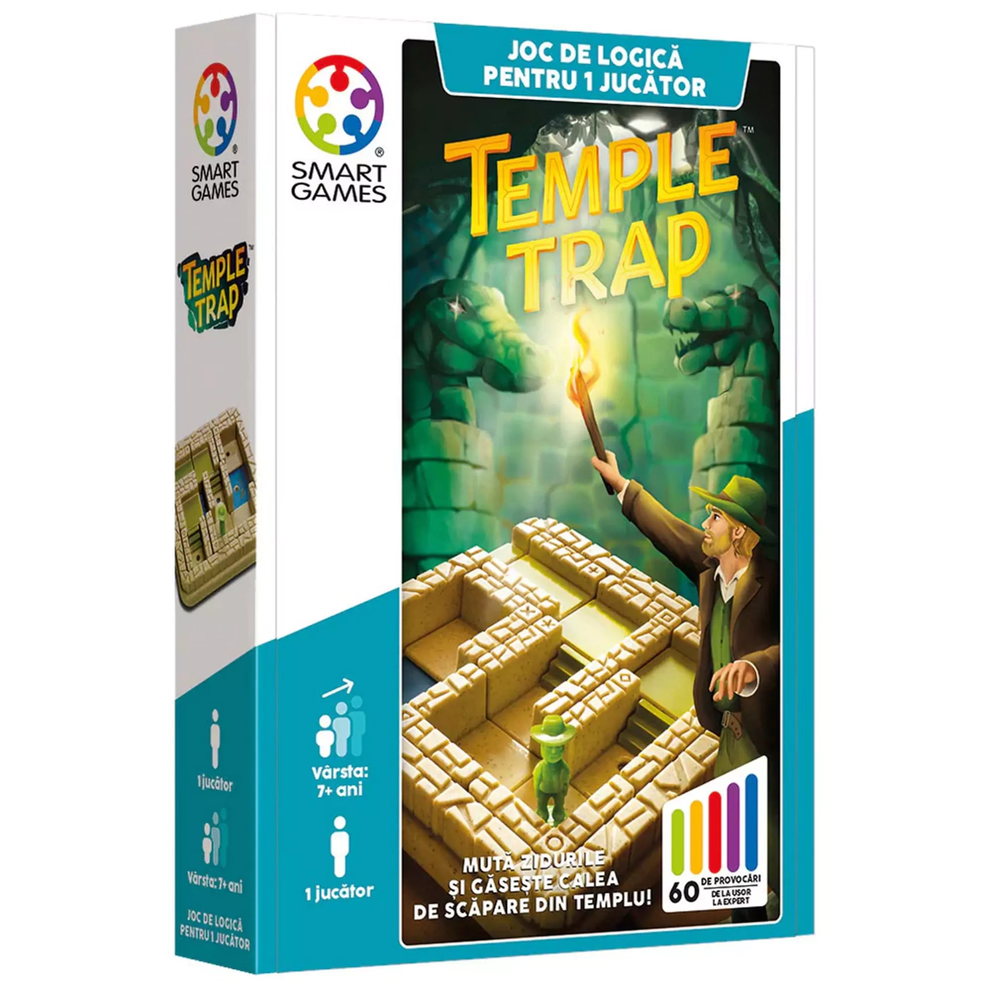 A Smart Games Temple Trap logikai játék színes doboza, egy fáklyát tartó kalandorral és mozgó labirintussal illusztrálva.