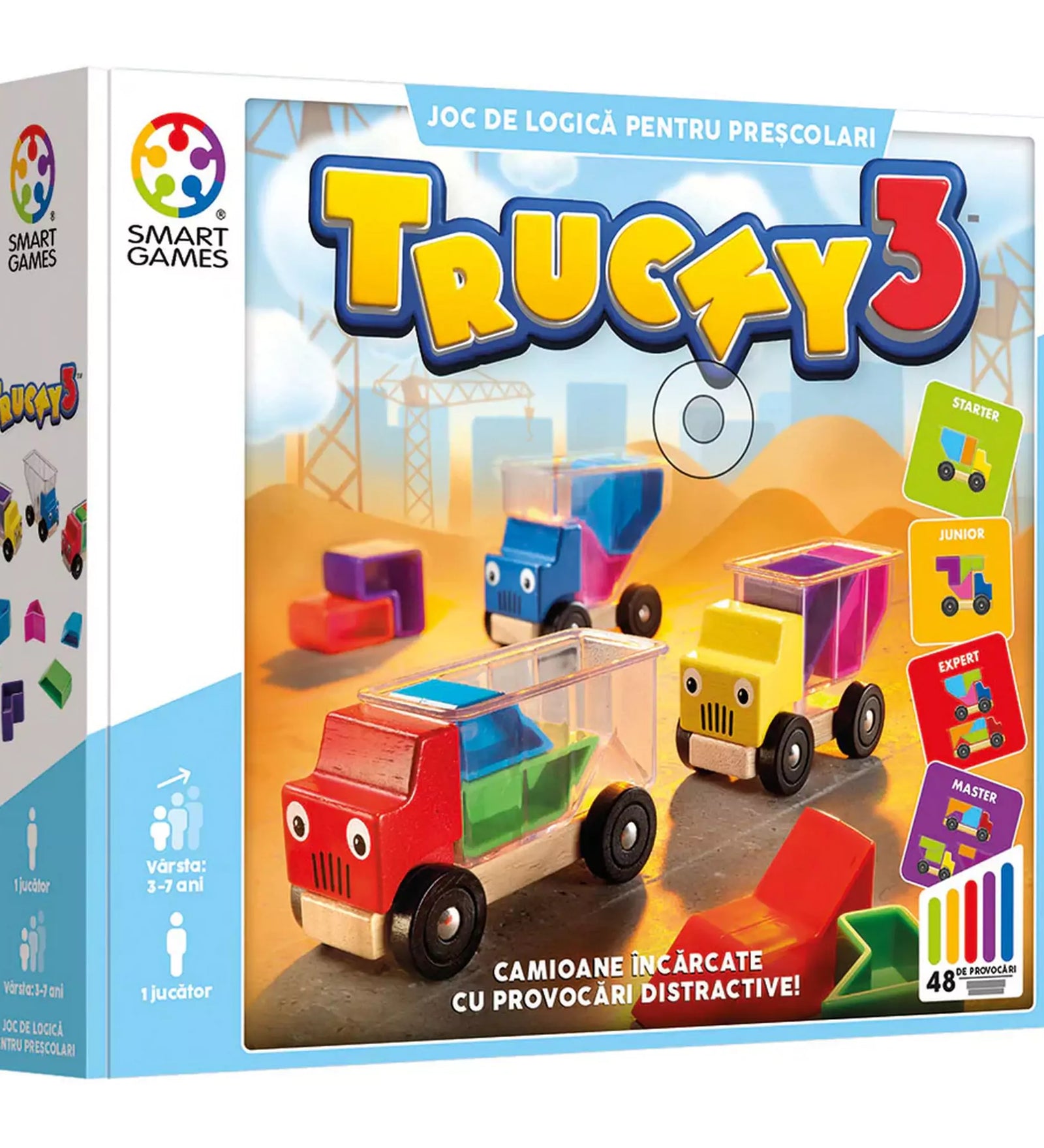 Smart Games Trucky 3 logikai játék színes csomagolása, három vidám fakamionnal és 48 egyre nehezedő kihívással kisgyermekek számára.