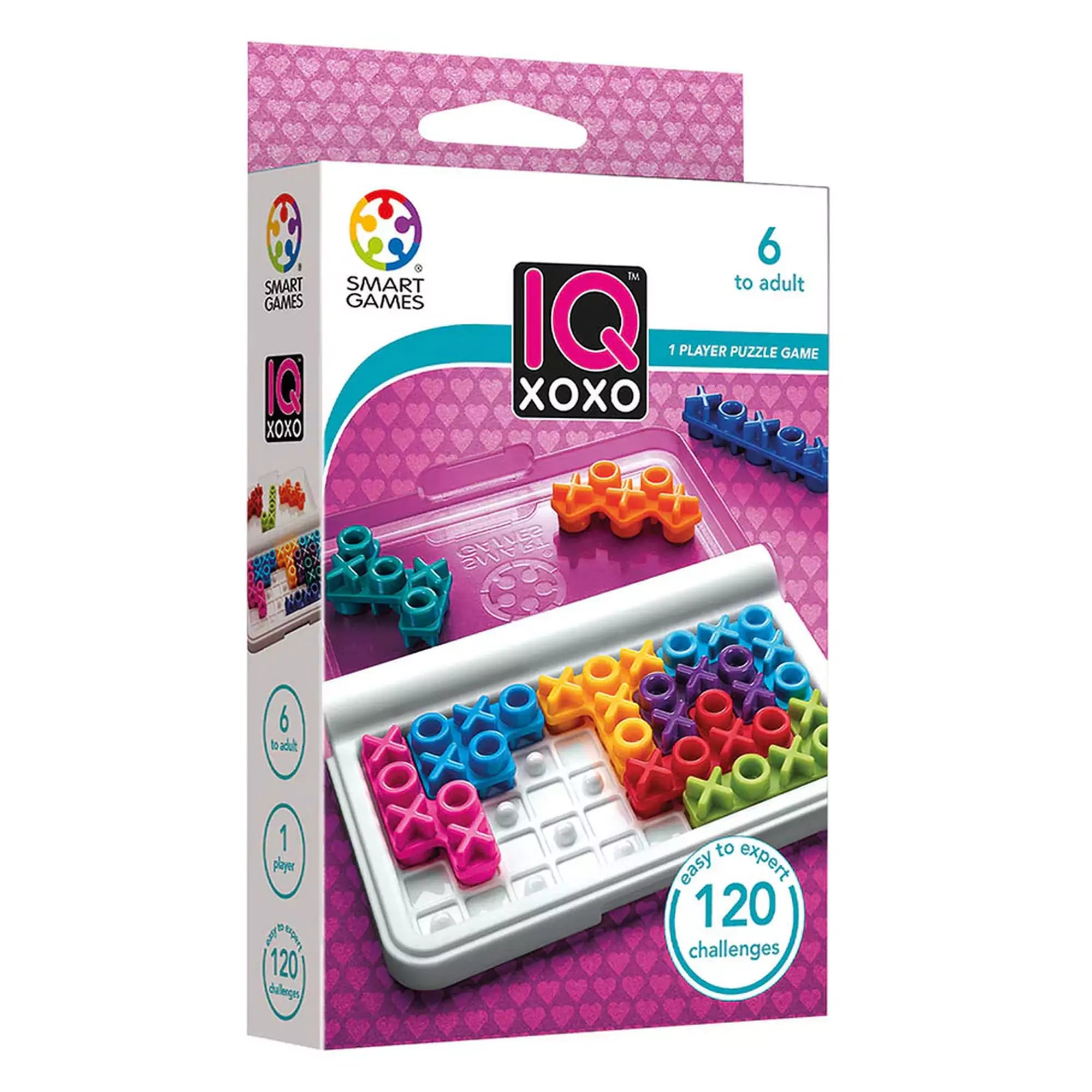 Smart Games IQ XOXO logikai játék doboza, színes X és O elemekkel és 120 különböző kihívással.