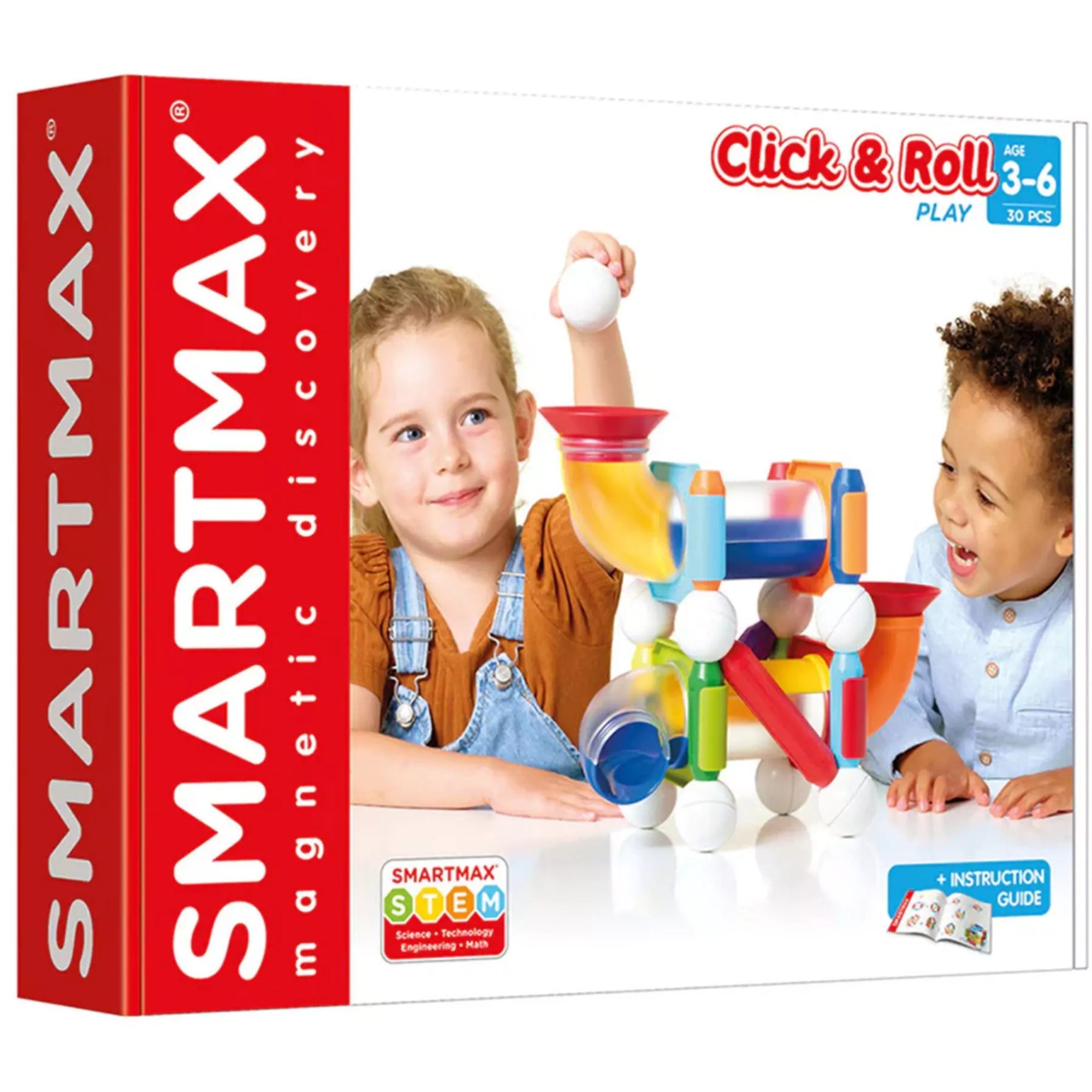 A SmartMax Click & Roll doboza két kisgyermekkel, akik épp a színes mágneses építőelemekkel játszanak.