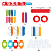  A SmartMax Click & Roll 30 darabos készletének minden eleme külön-külön elrendezve: rudak, golyók, csövek és csatlakozók.