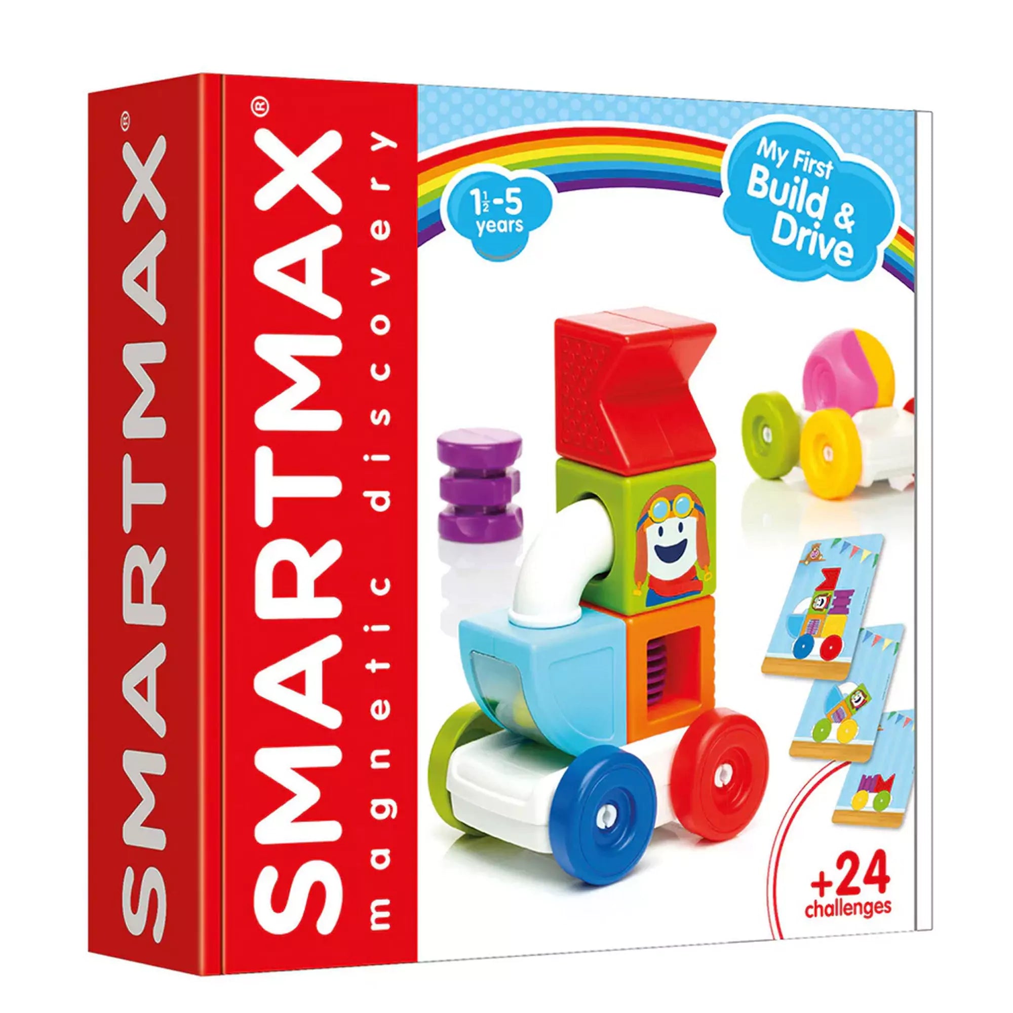 A SmartMax My First Build & Drive doboza, rajta színes mágneses elemekből épített jármű és kihíváskártyák, 1,5–5 éves korosztálynak.