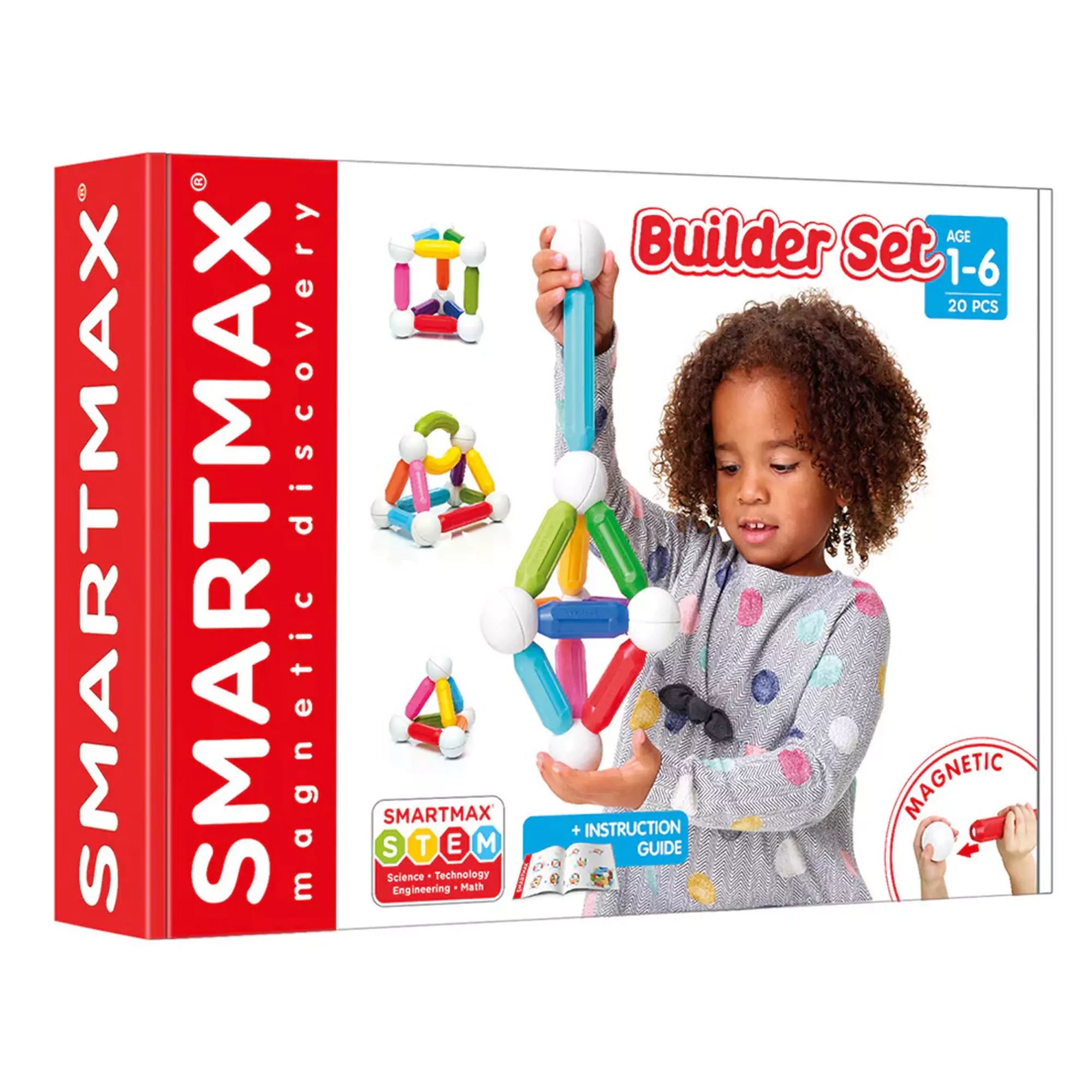  SmartMax Első mágneses építőszettem dobozkép színes mágneses rudakkal és golyókkal, kisgyermek építőjátékkal a borítón.